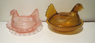 Beautiful Vintage 6.5" Mosser Glass Hen on Nest Candy Dish Pink HON Rare AMBER