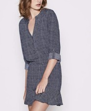 Joie Dress Acey Navy Blue Print Long Roll Tab Sleeve Ruffle Hem Mini Size XS