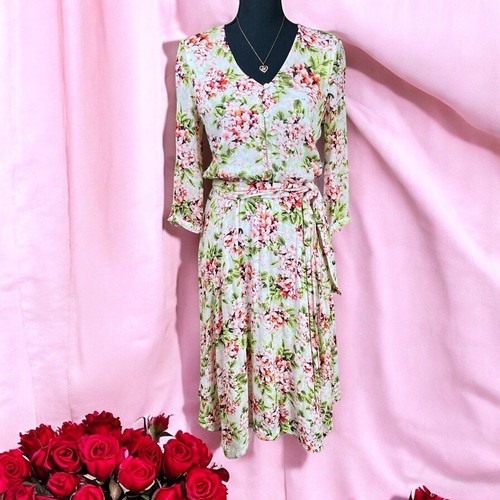 J. Jill rosa Blumen Gürtel Taschentuchsaum Blouson 3/4 Ärmel Midikleid PS