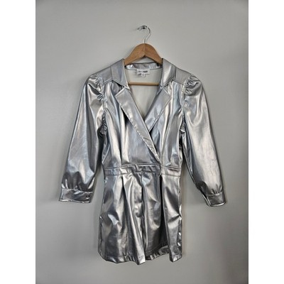 Day + Moon Silver Metallic Faux Leather Blazer Romper A1759 Womens Small