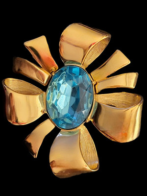 Joan Rivers Brosche goldfarben, Aquamarin Kristall, signiert Schleife