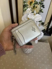 COACH Zip ID Card Case With Silver Chain Leather Mini Coin Wallet