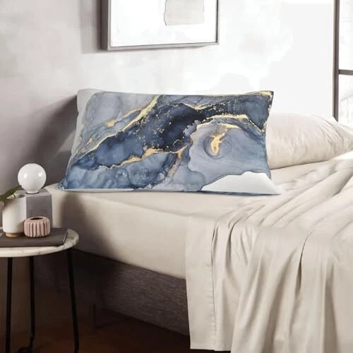 Modern Abstract Marble Blue and Gold Throw Pillow Covers 12x20 in Pillow Case  - Image 4 of 4