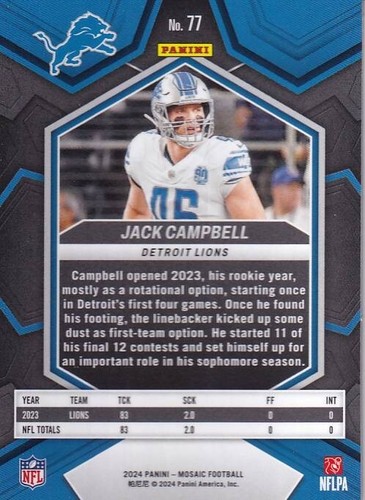 2024 Panini Mosaic - Jack Campbell #77 - Lions - Picture 3 of 3