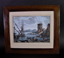 antikes Aquarell - südländischer HAFEN mit Segelschiffen - edler Nußbaum Rahmen