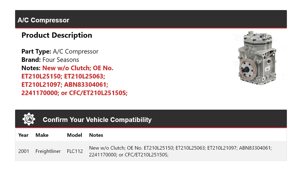 Compresor de aire acondicionado Freightliner FLC112 2001 4 estaciones Foto 2 de 4