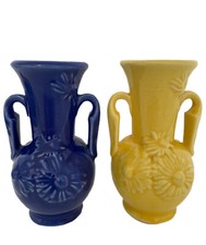 Vintage PaIr USA Pottery Vases Blue Yellow Glaze French Country Double Handles