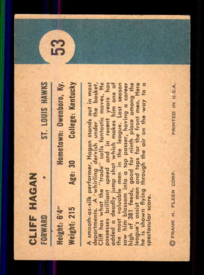 1961-62 Fleer #53 Cliff Hagan EX/EX+ 525226 - Image 2 of 2