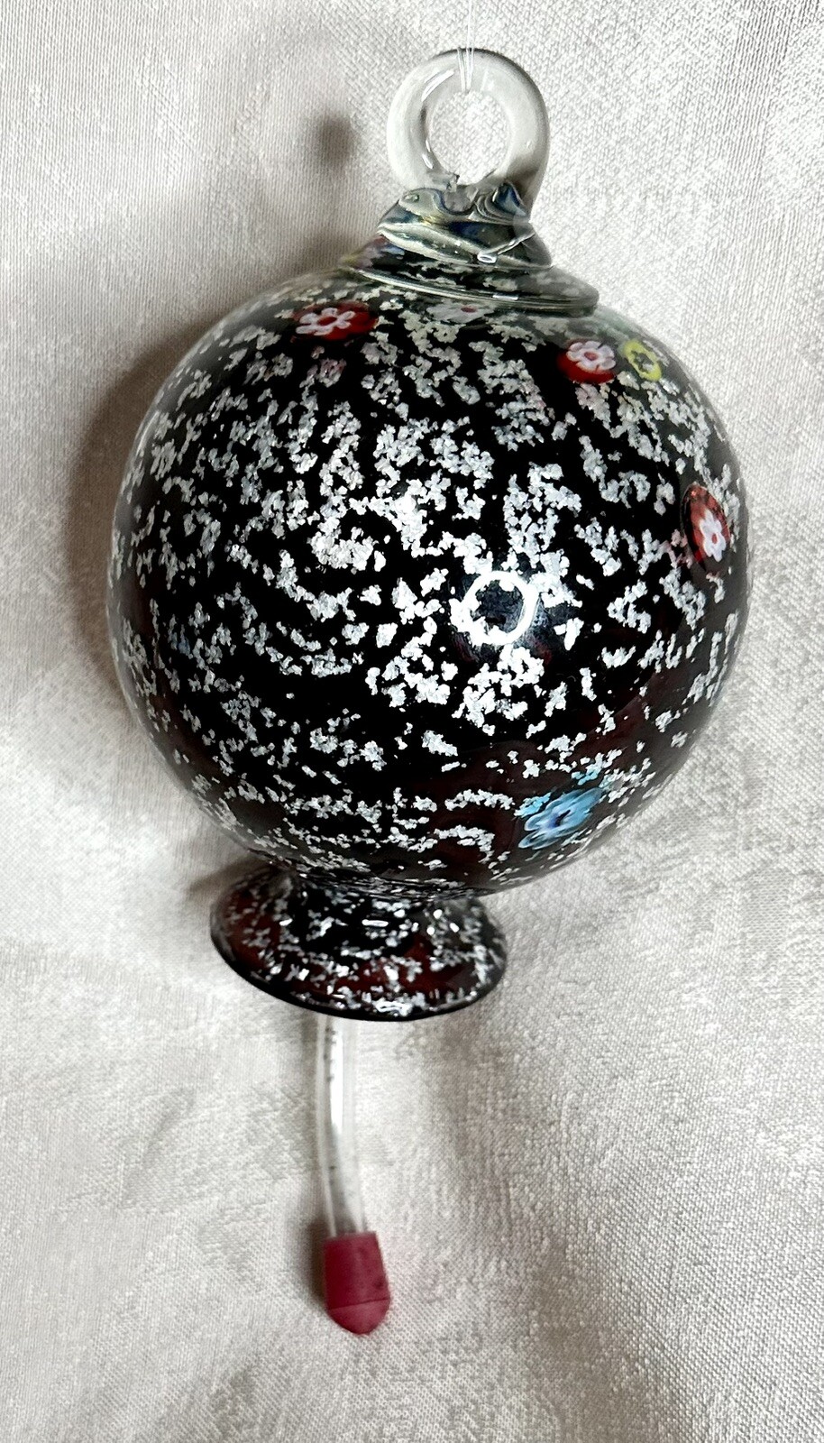 Murano Style Hand Blown Glass Purple W/Silver Fleck & Flowers Hummingbird Feeder