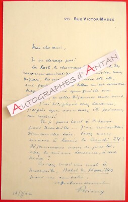  L.A.S 1922 Eugène BRIEUX Hôtel Noailles Marseille Lavenu Nice Autogrammbrief