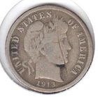 1913-S ALMOST FINE Barber Dime, DISCOUNTED for obverse scratch-SCARCE DATE!