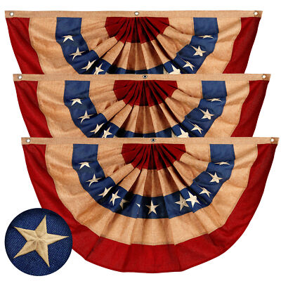 NEW G128 American Tea-Stained Fan Flag Bunting 3-Pack 2x4 FT Burlap Embroidered