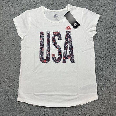 Adidas Shirt Girls Large 14 White Short Sleeve Sports Doodle