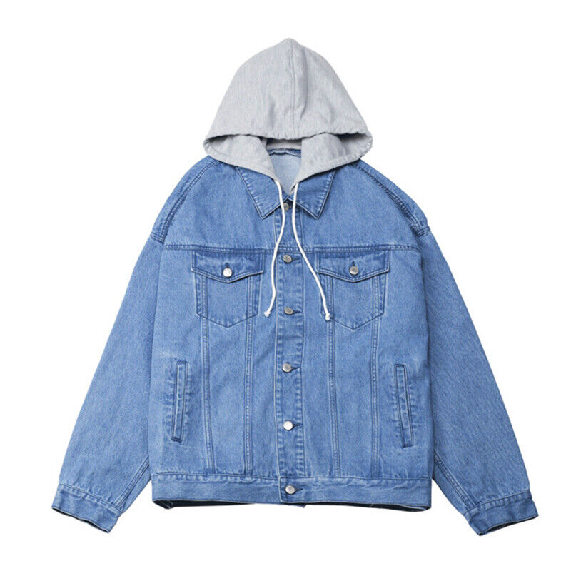 Men Detachable Hooded Denim Jacket Tops Trucker Coat Drop Shoulder