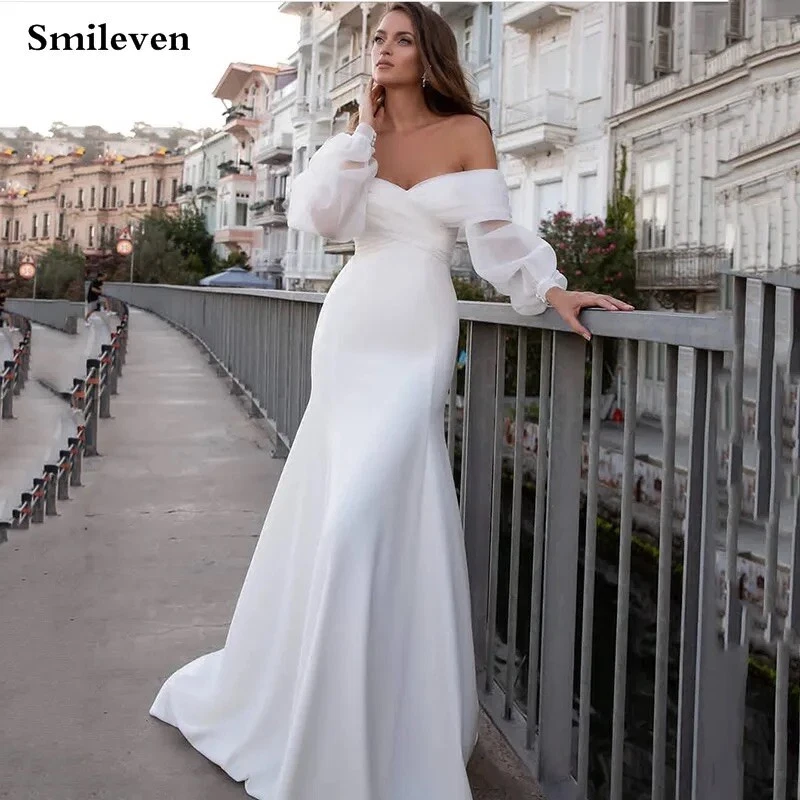 Boho Off Shoulder Beach Lace Long Puff Sleeve Satin Mermaid Train Wedding Dress