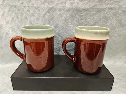 Set Of 2 Vintage 1950s Red Wing Pottery Village Green Brown Glaze Coffee Mug USA