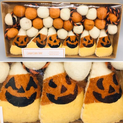 Candy Corn Lane Halloween Jack-o-Lantern Faces Felt Garland Pom Poms Orange 6ft