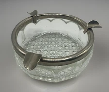Ashtray Hobnail Glass Metal England Vintage Smoking Clear Elegant 5" Beaded