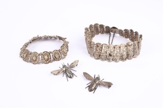 Silver Art Deco/Nouveau Estruceana Bracelets Bee Brooches Antique x4 35.07g