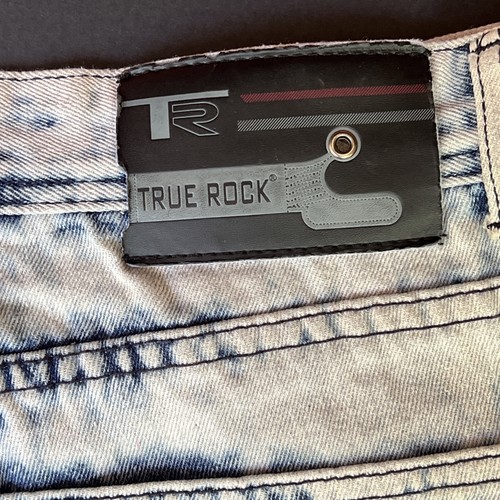 True Rock Jeans Mens 36x31 Blue Distressed Patched Acid Wash Straight Moto - Picture 10 of 13