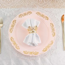 10 in Blush Round Salad Plates Gold Trim Wedding Party Disposable Supplies Bulk