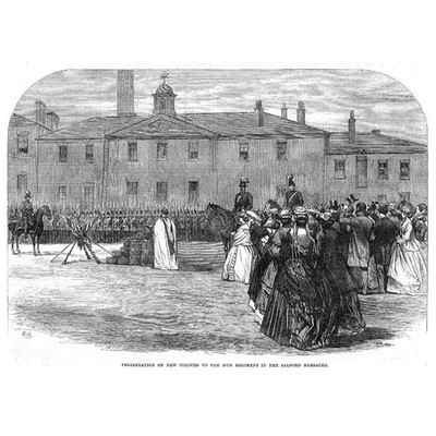 Presentation of Colours to 39th Regiment at Salford Barracks Antique Print 1866