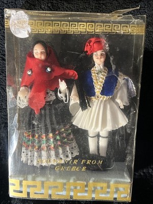 Vintage Souvenir From Greece Folk Costume Dolls Set in Box