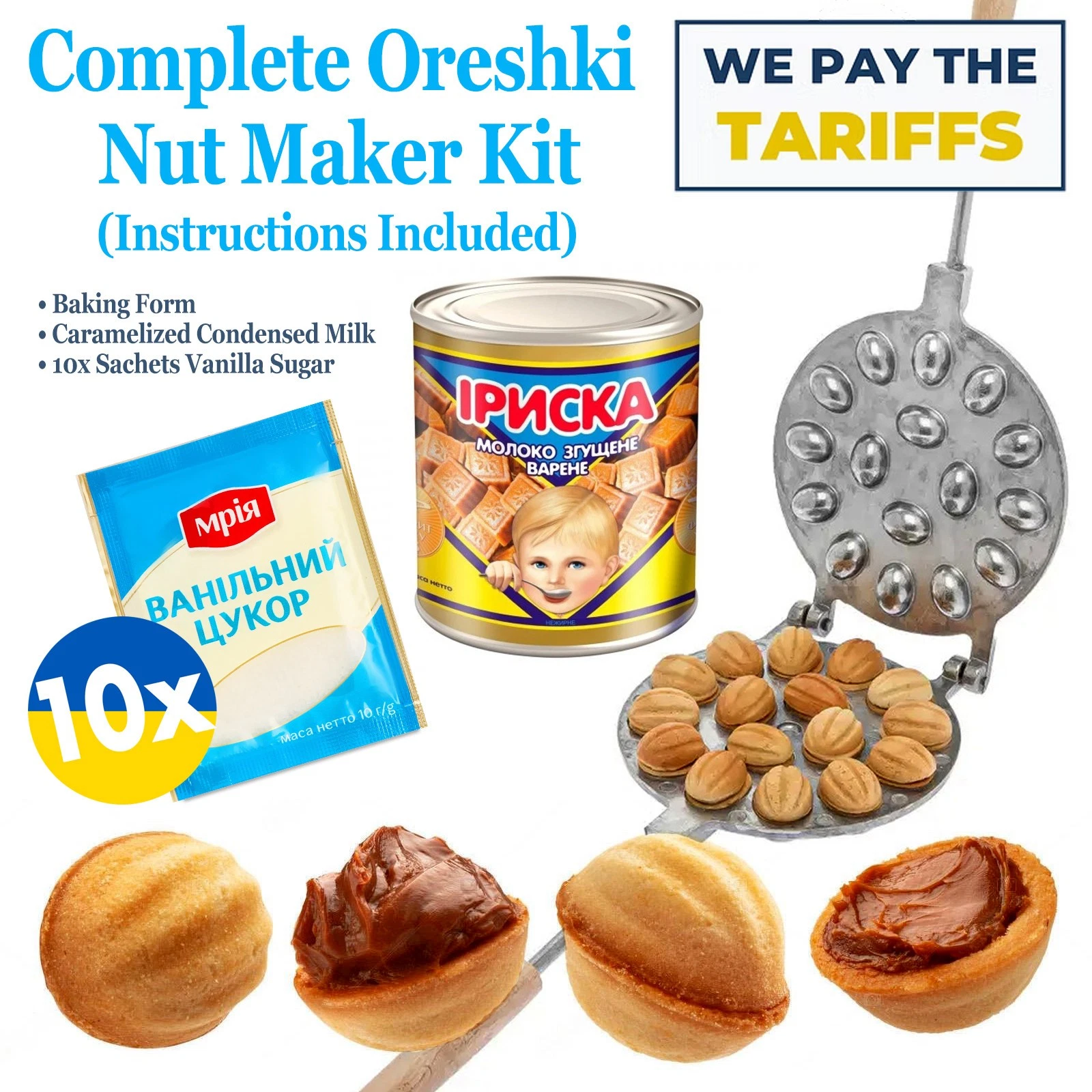 Complete Oreshki Nut Maker Kit + 10x Vanilla Sugar + Boiled Condensed Milk Set
