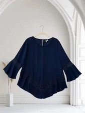 Cato Women’s Crochet Trim Bell Sleeve Top Size Large Navy Boho Chic