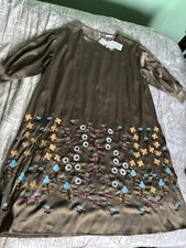 mila plus Brown Satin Shift Dress Floral Embr...
