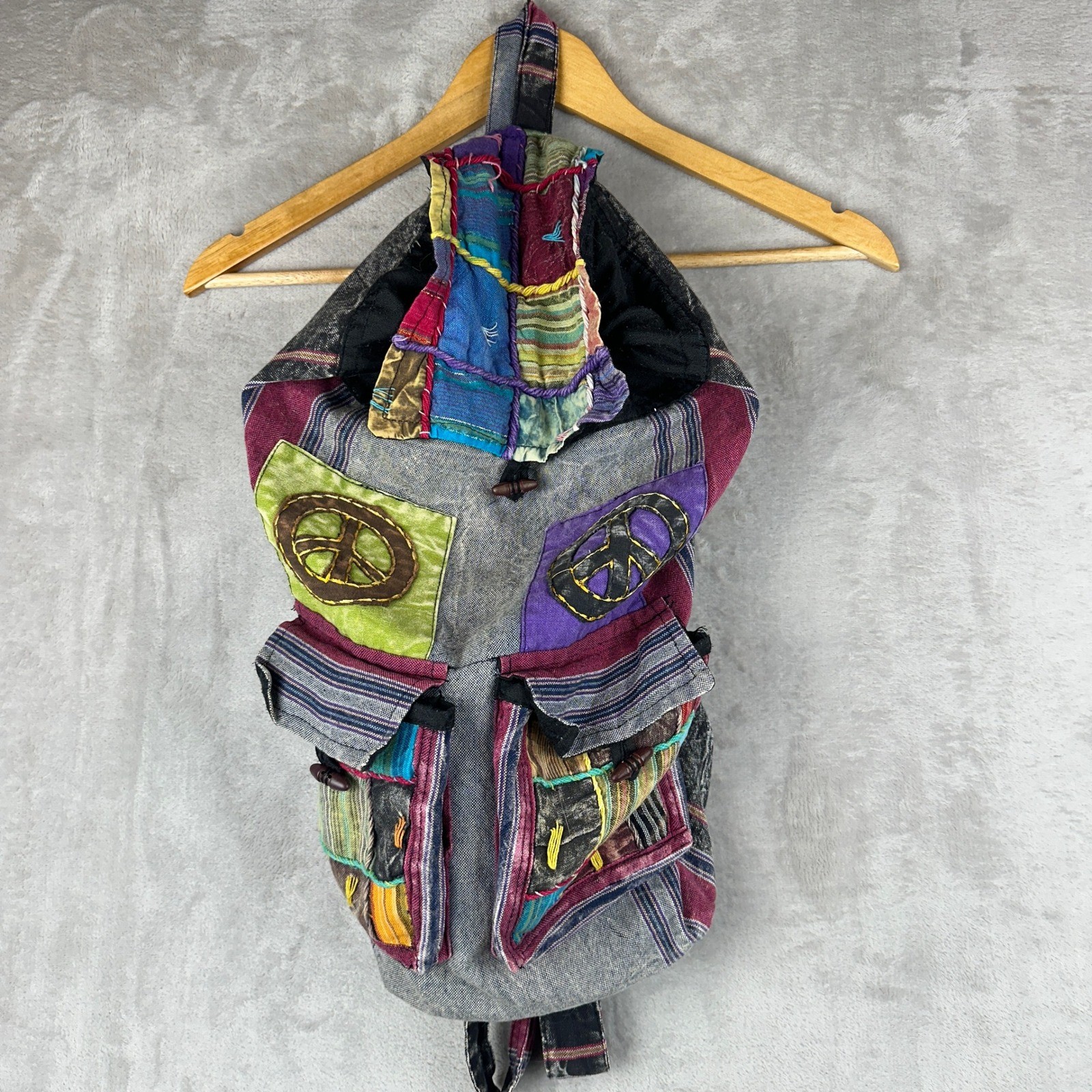 Boho Patchwork Peace Sign Backpack Multicolor Hip… - image 4