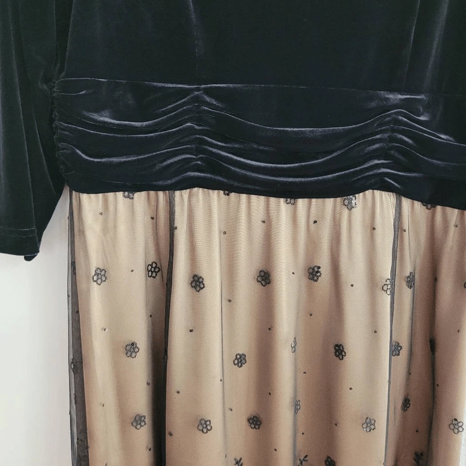 复古黑色天鹅绒超长连衣裙半透明花卉蕾丝覆盖仙女垃圾奇思妙想 — 第 4/4 张图片