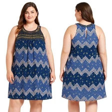 Xhilaration Women's Blue Boho Chevron Floral Beaded Swing Tank Dress XXL