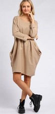 Made in Italy Taupe Cotton Long Sleeve Cocoon Dress One Size Plus 14-20