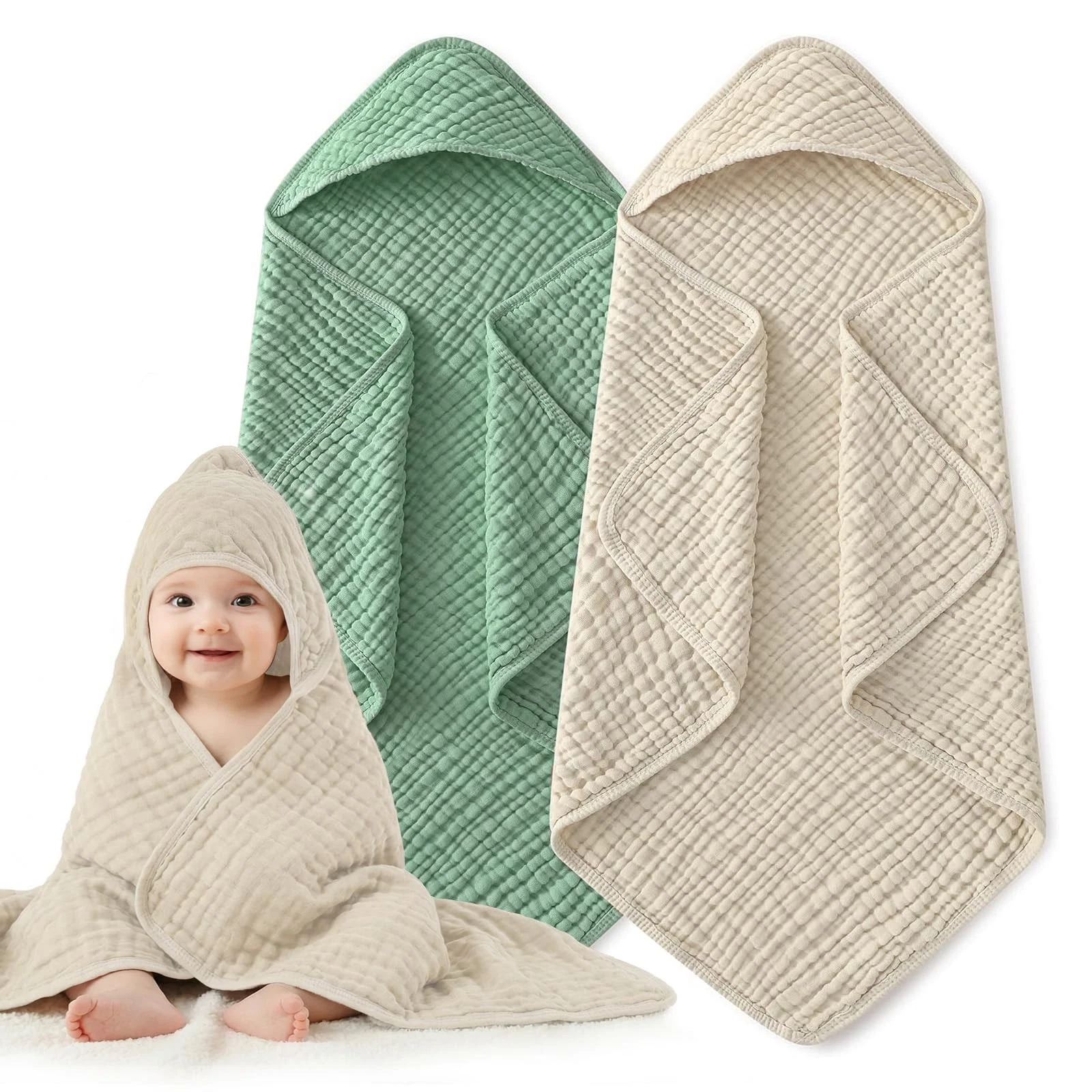Hooded Baby Bath Towels for Newborn, 2 Pack - 6-Layer 100% Muslin Cotton, Sof...