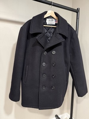 Schott 740N Pea Jacket Coat Men's 46 Black Melton Wool Double