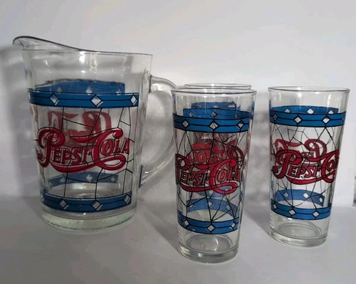 Vintage 1970'S Pepsi Cola Pitcher and Glasses Tiffany Style Stained Glass Design