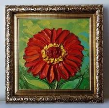 Framed Red Zinnia Art Garden Flowers Art 4x4 inch Impasto oil painting original