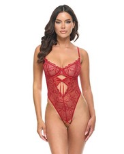Oh La La Cheri Mariah Embroidered Mesh Underwire Teddy - Burgundy, Size Large
