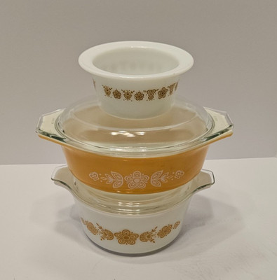 MCM Pyrex Butterfly Gold Round 1.5qt. #043, & #474-B, & Butter Dish #75 No Lid