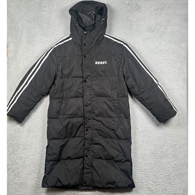 Nerdy Long Puffer Jacket Black Hooded Duck Down Racing Stripe Mens Small