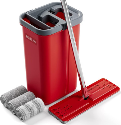Mop and Bucket with Wringer Set, Flat Mop and Bucket, Squeeze Floor Mop with 3 W