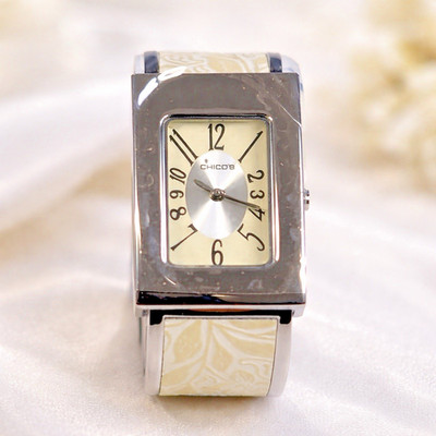 Chico s CH-921 Floral Cuff Watch Cream Silver Tone Japan Movement NEW