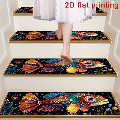 Colorful Fish-Shaped Abstract Pattern Stair Mat, Non-Slip Step Mat, Protective