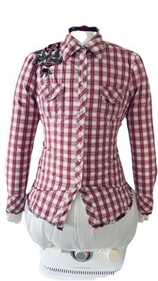 Esprit Damenbluse/Langarmhemd rot-weiß-kariert Stickerei Gr.38/40 100%Baumwolle