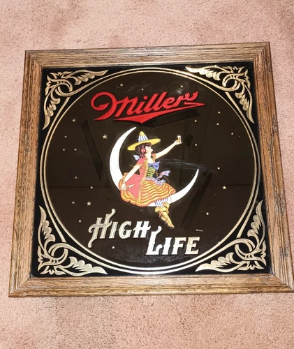 Miller High Life Beer Girl On The Moon Mirror Wall Bar Sign 14"x14" Vintage 1980