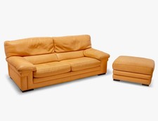 Roche Bobois - Canapé Loveseat Avec Pouf - Cuir Texturé Ocre