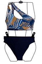 one shoulder bikini set high waisted blue print Medium swimsuit