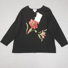 Victor Costa Women's 2X Black Long Sleeve Sweater Sequins Beads Flower NEW w/Tag