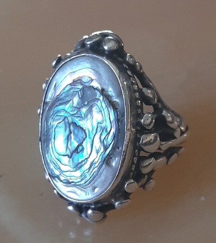 Ring Brutalist Sz 6.5 Sterling Silver 13g. Colorful & Cosmic Abalone MCM - Picture 7 of 15
